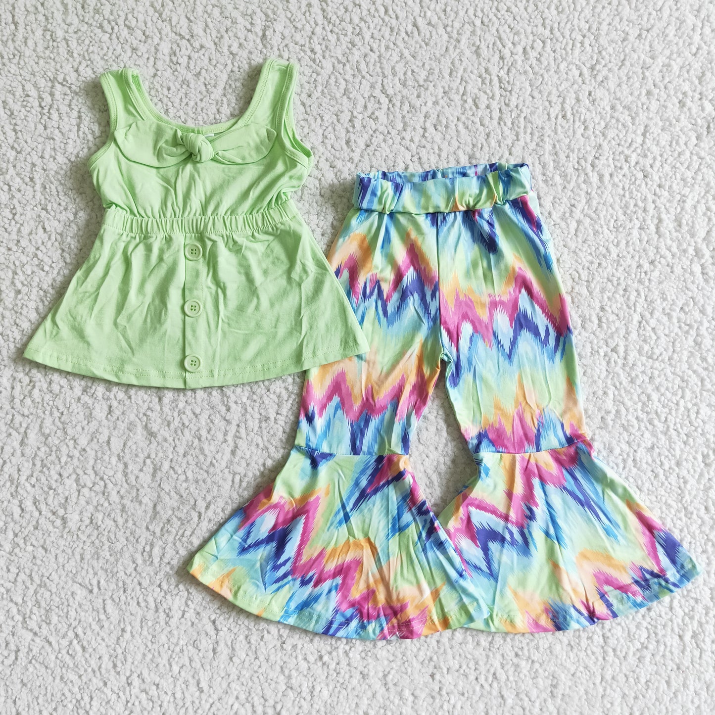 A17-23 Green Top Bow Match Tie Dye Girls Sleeveless Bell Bottom Pants Outfits