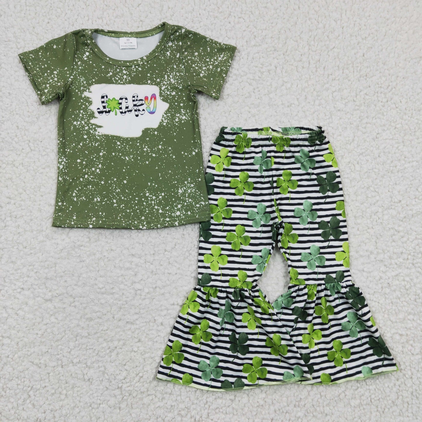 B14-4 Green Lucky St. Patrick Striped Girls Short Sleeve Bell Bottom Pants Outfits