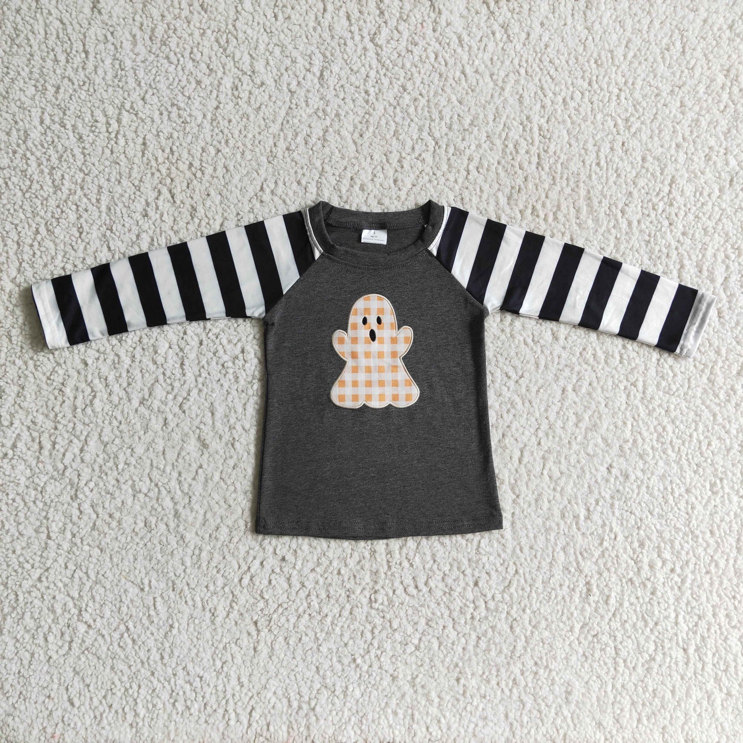 BT0063 Halloween Ghost Cartoon Black Stripes Orange Embroidery Boys Long Sleeve Top T-shirts