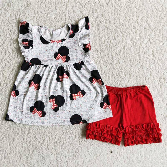 A1-9 Red Cartoon Girls Short Sleeve Shorts Outfits