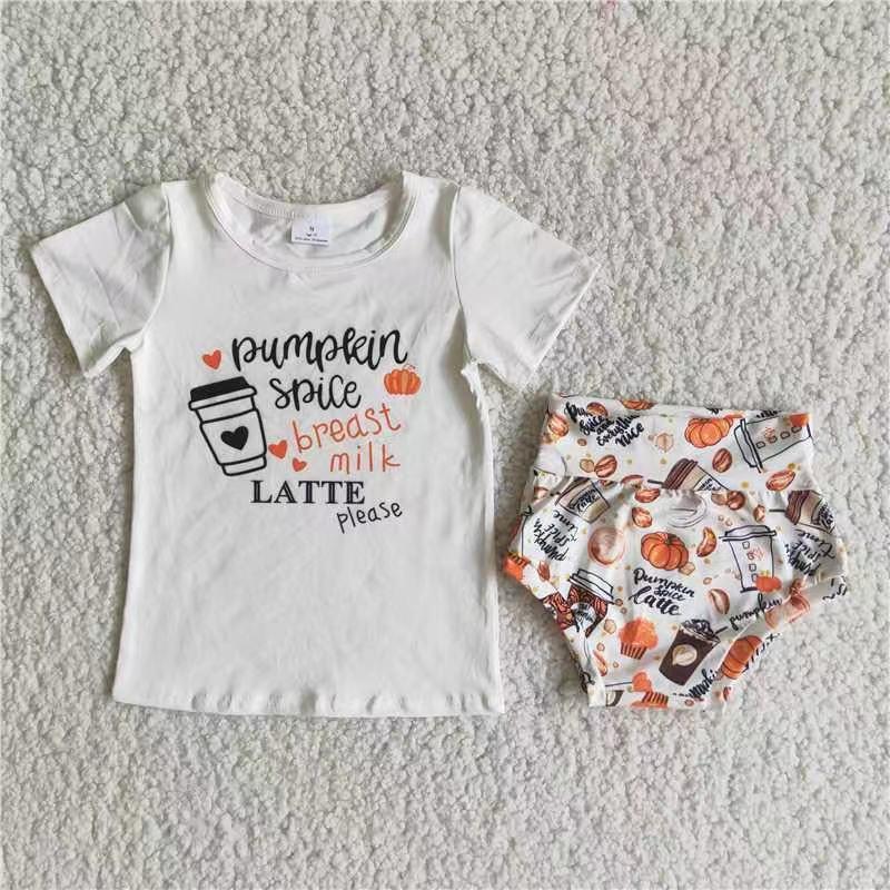 B8-9 Fall Pumpkin Baby Girls Short Sleeve Bummies Outfits