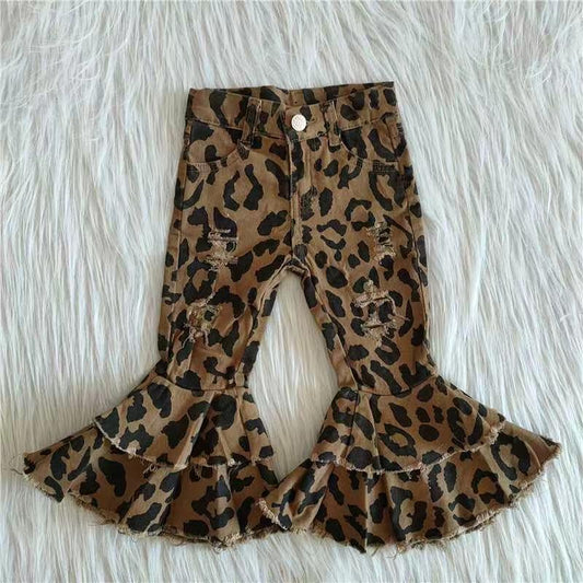 C7-13 Fashion Baby Girls Leopard Print Ruffles Hot Sale Kids Denim Jeans