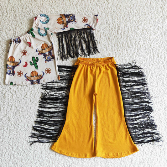 GSPO0142 Western Cow Cactus Cowboy Yellow Orange Tassel Single Girls Long Sleeve Bell Bottom Pants Outfits