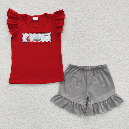 GSSO0161 Red Grey Fish Boat Embroidery Girls Short Sleeve Shorts Outfits