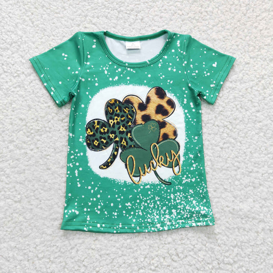 GT0109 St. Patrick Green Clover Lucky Leopard Girls Short Sleeve Top T-shirts