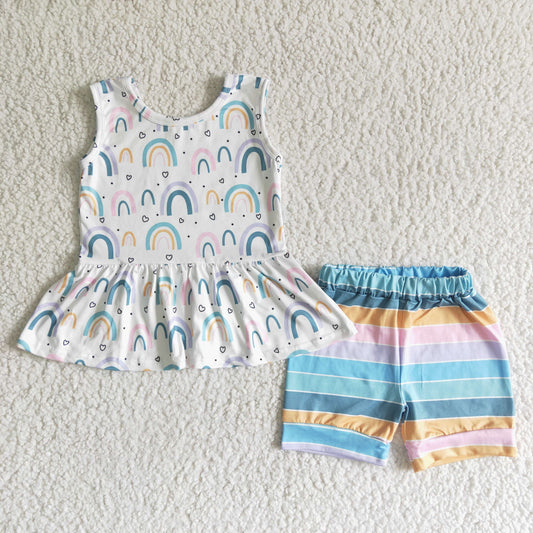 GSSO0011 Blue Rainbow Striped Girls Sleeveless Shorts Outfits