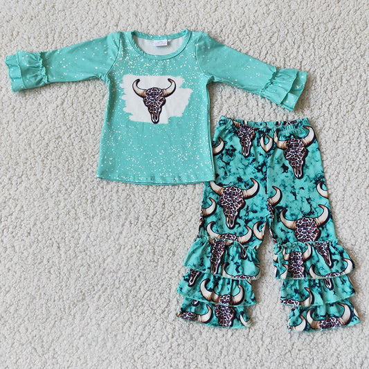 Long Sleeve Blue Bleach Design Cow Skull Kids Set