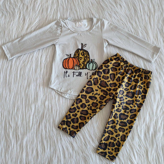 Clearance 6 A26-1 Halloween Pumpkin It's Fall Y'all Leopard Tunic Girls Long Sleeve Pants Outfits