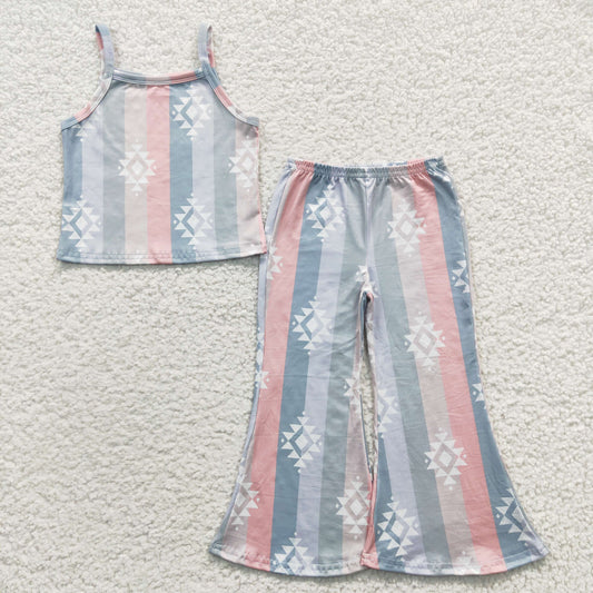 GSPO0528 Blue Pink Print Girls Short Sleeve Bell Bottom Pants Outfits