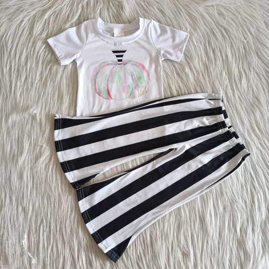 Hot Sale Baby Girls Short Sleeve Tunic Pumpkin Striped Print Kids Outfits