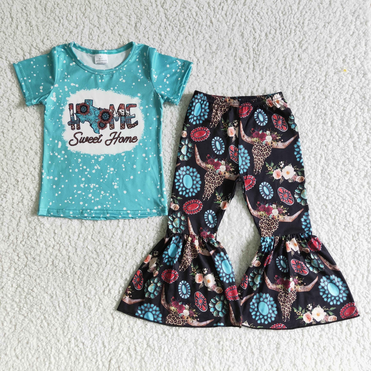 Clearance B17-28 Blue Home Leopard Cow Print With Bow Headband 3pcs Girls Short Sleeeve Bell Bottom Pants Outfits