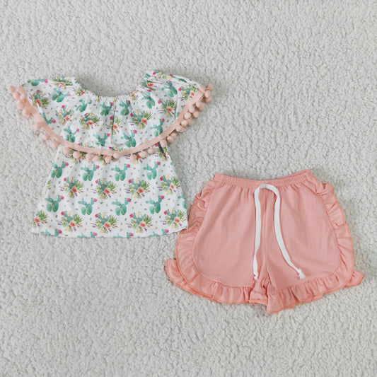 GSSO0103 Pink Green Cactus Bombom Off Shoulder Girls Short Sleeve Shorts Outfits