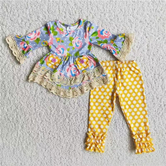 Clearance 6 A17-12 Lace Floral Yellow Dots Print Tunic Girls Long Sleeve Pants Outfits