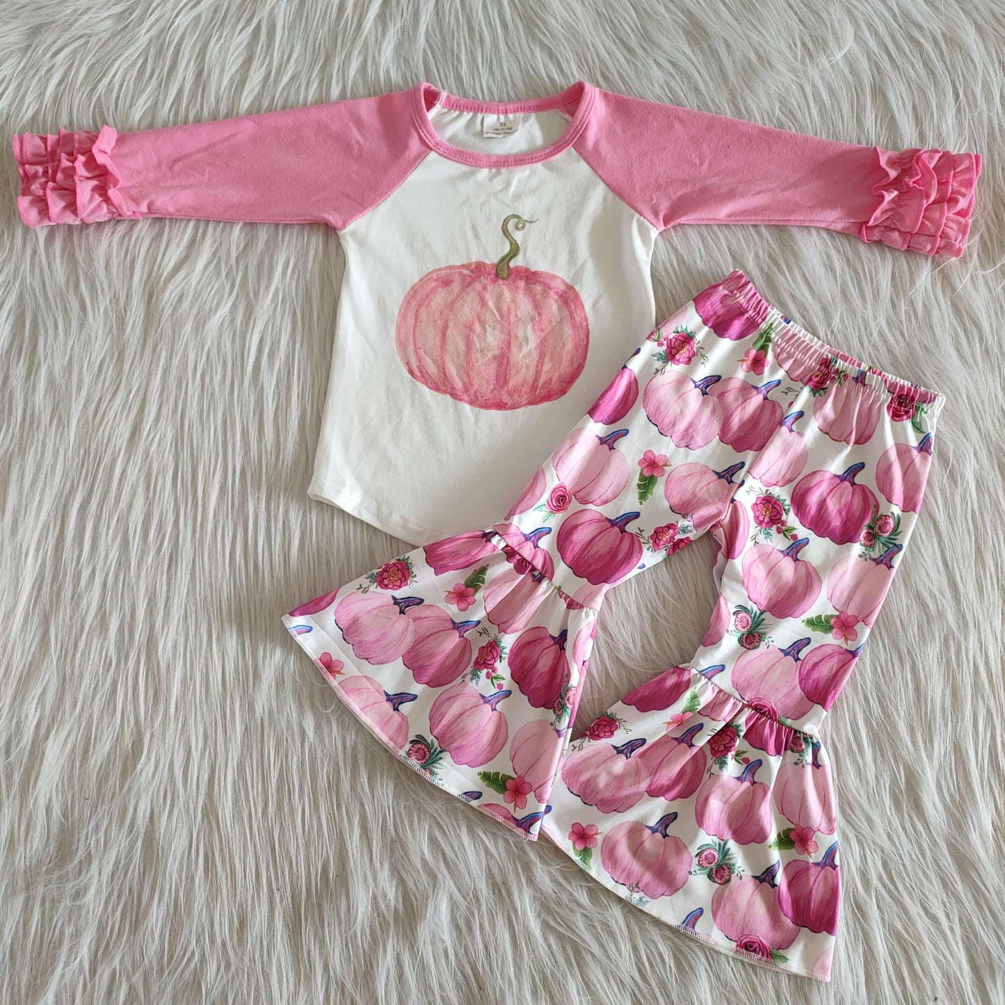 Clearance 6 A8-30 Pink Long Sleeve Casual Tunic Match Pumpkin Print Bell-bottom Pants Sets