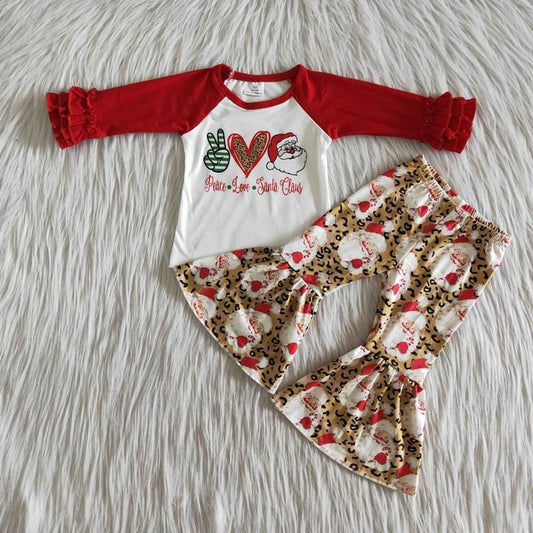 Clearance 6 A13-5 Peace Love Santa Christmas Girls Long Sleeve Bell Bottom Pants Outfits