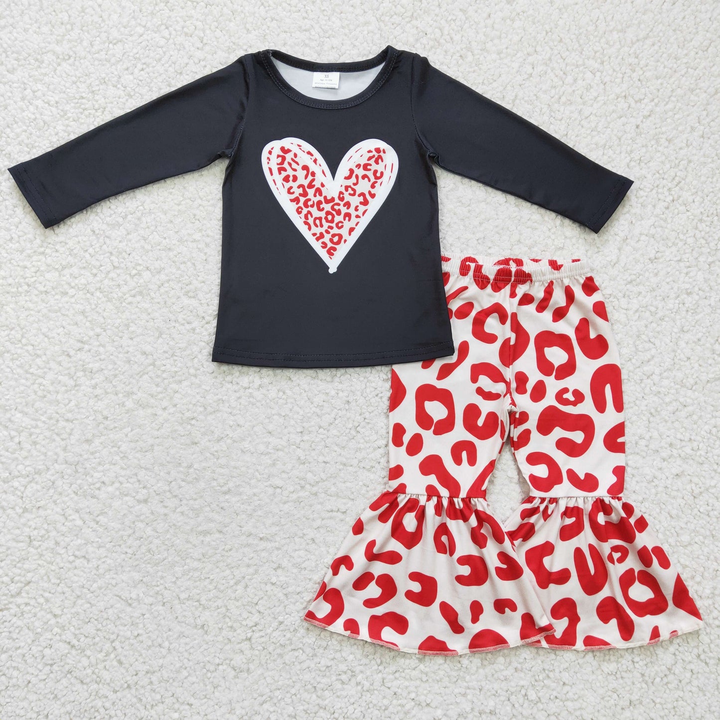 GLP0404 Valentine Red Love Pink Leopard Girls Long Sleeve Bell Bottom Pants Outfits