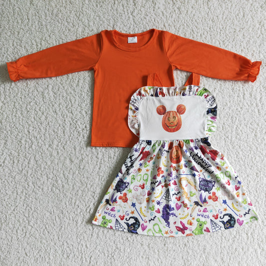 GLD0033 Halloween Orange Pumpkin Mouse Cartoon Girls Long Sleeve Top With Skirt Overall Dresses Outfits