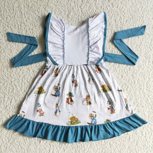 B12-3 Easter Rabbits Blue Girls Belt Short Sleeve Dresses