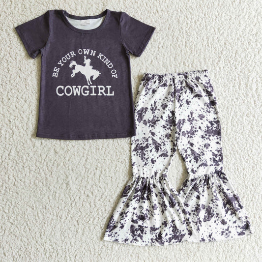Clearance D4-27 Be Your Own Kind Of Cowgirl Black Rodeo Girls Short Sleeve Bell Bottom Pants Outfits