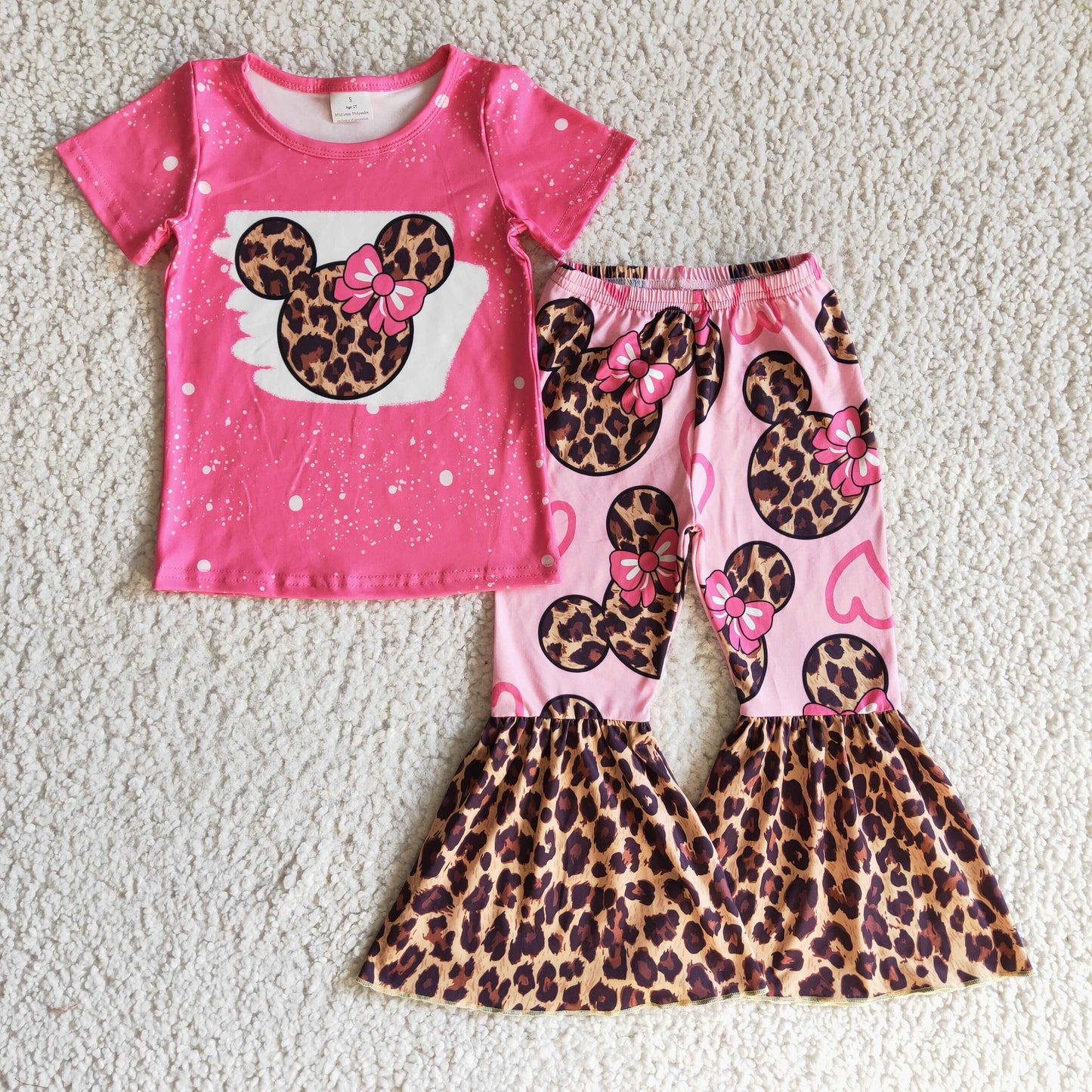 promotion RTS GSPO0225 Love Pink Leopard M Cartoon Girls Short Sleeve Bell Bottom Pants Outfits