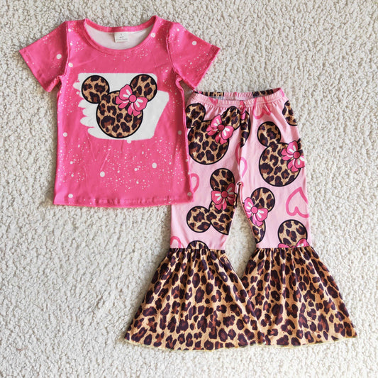 promotion RTS GSPO0225 Love Pink Leopard M Cartoon Girls Short Sleeve Bell Bottom Pants Outfits