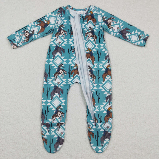 LR0248 Grey Green Blue Rodeo Horses Cowboy Western  Zipper Girls Long Sleeve Romper