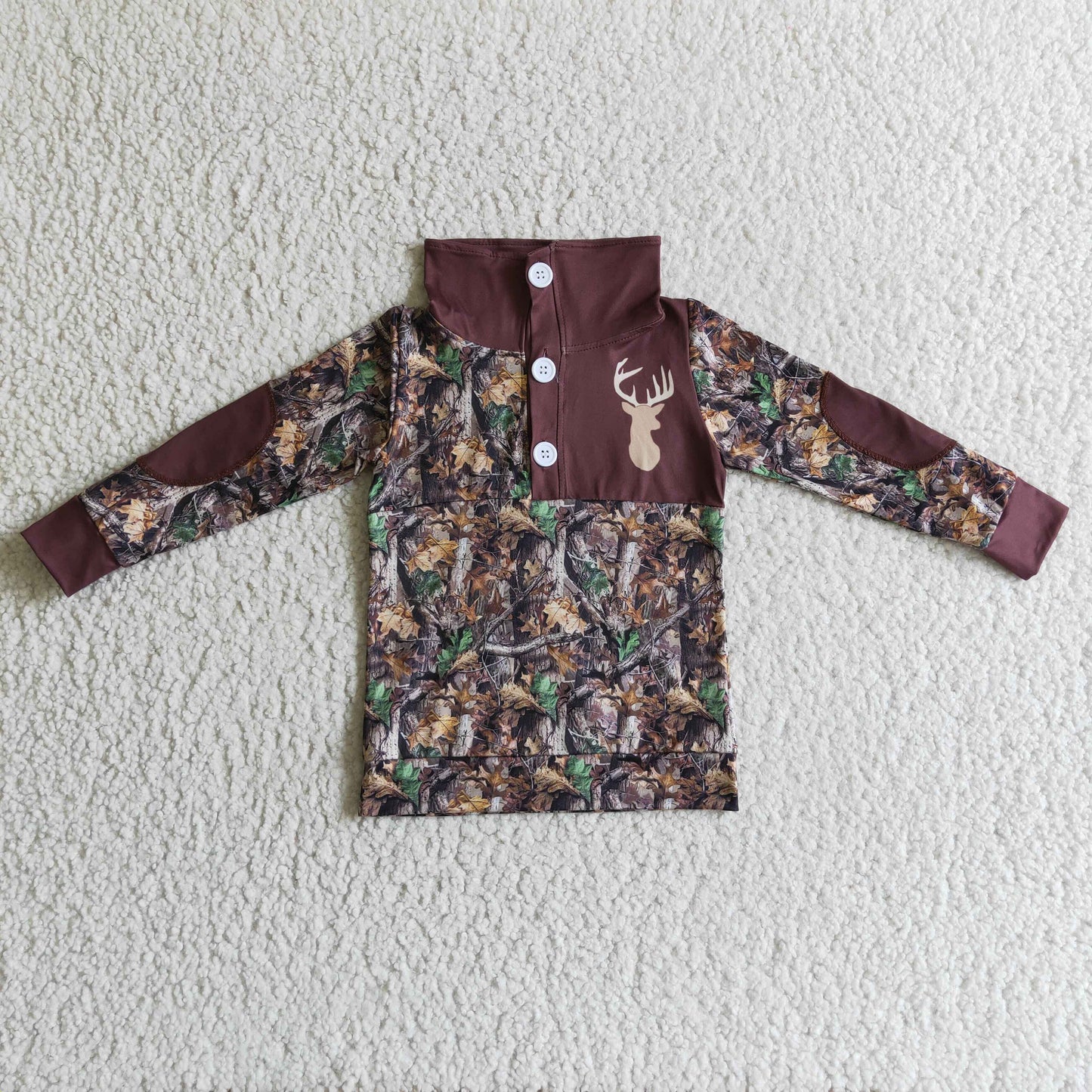 BT0078 Christmas Deer Brown Leaf Leaves Camo Boys Long Sleeve Top Collar Polo Pullover T-Shirts