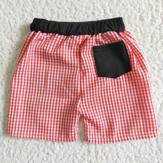 A2-11* Red Plaid Embroidery M Cartoon Boys Bathing Suits Swimsuits Swimming Trunks Shorts Pants