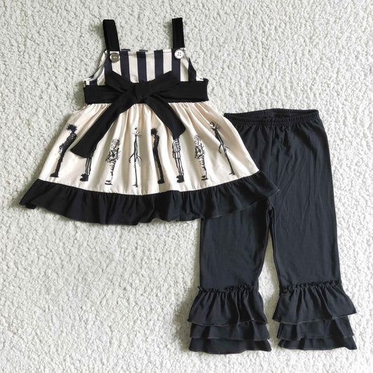 D1-12 Halloween Black White Stripes Clown Ghost Cartoon Tunic Girls Short Sleeve Pants Outfits