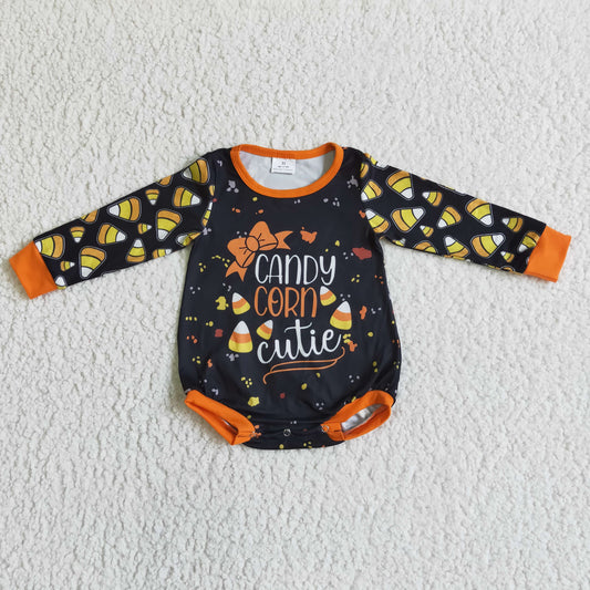 LR0103 Halloween Orange Black Candy Corn Girls Long Sleeve Romper