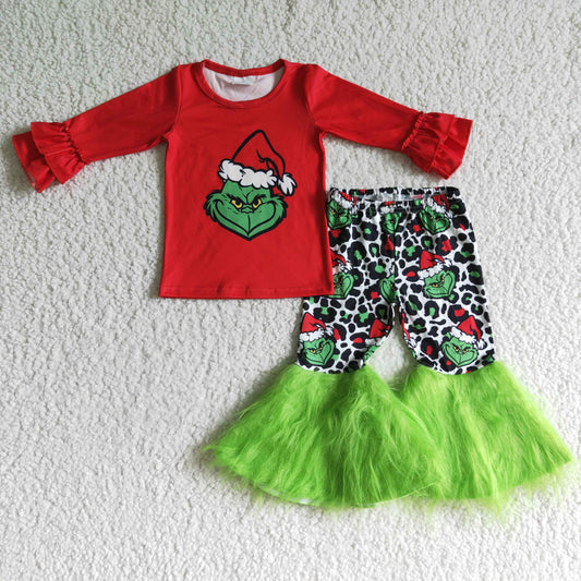 GLP0151 Christmas Red Green Cartoon Leopard Tutu Tulle Girls Long Sleeve Bell Bottom Pants Outfits