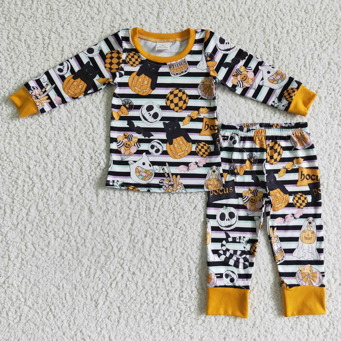 BLP0088 Halloween Pumpkin Snake Cat Orange Black Stripes Ghost Cartoon Boys Long Sleeve Pajamas