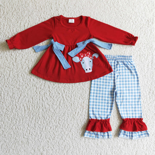 promotion RTS GLP0068 Cow Red Blue Plaid Embroidery Tunic Girls Long Sleeve Pants Outfits