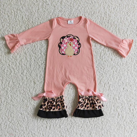 LR0112 Thanksgiving Turkey Leopard Pink Embroidery Girls Long Sleeve Romper