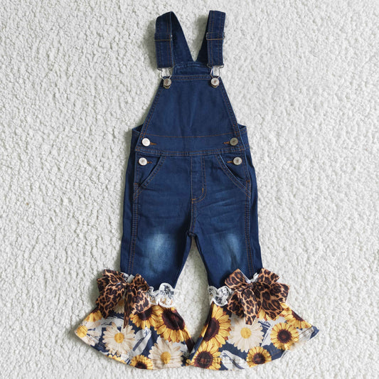 P0028 Sunflower Girls Ruffles Overall Denim Jeans With Bow