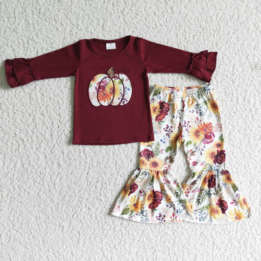 GLP0016 Halloween Pumpkin Red Floral Sunflower Embroidery Girls Long Sleeve Bell Bottom Pants Outfits