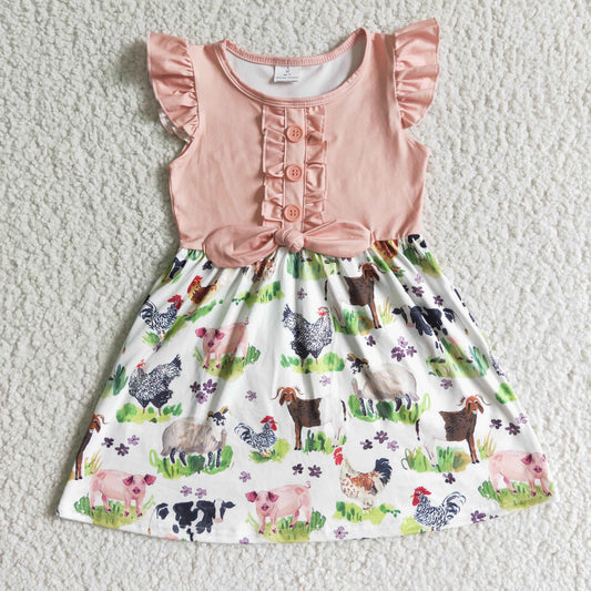 GSD0097 Pink Farm Chicken Pig Floral Girls Flutter Sleeve Dresses