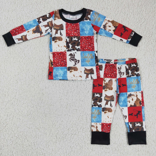 BLP0136 Blue Red Plaid Horses Rodeo Western Cowboy Boys Long Sleeve Pants Outfits Pajamas