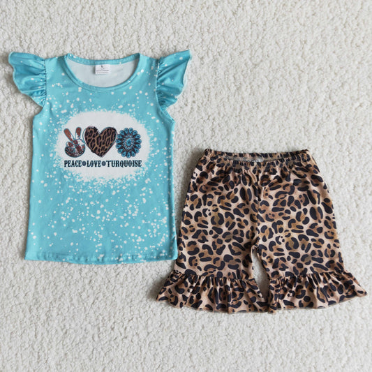 Clearance A15-2 Peace Love Turquoise Blue Bleach Design Leopard Print Set