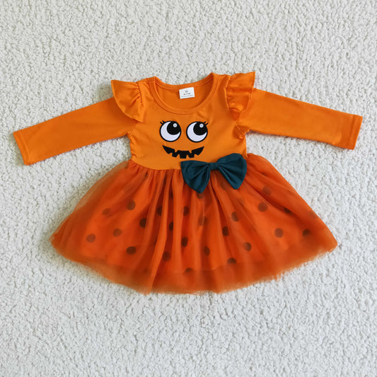 GLD0019 Halloween Pumpkin Cartoon Orange Tulle Tutu Girls Long Sleeve Dresses