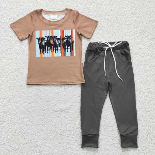 BSPO0064 Brown  Highland Cows Boys Short Sleeve Pants Outfits
