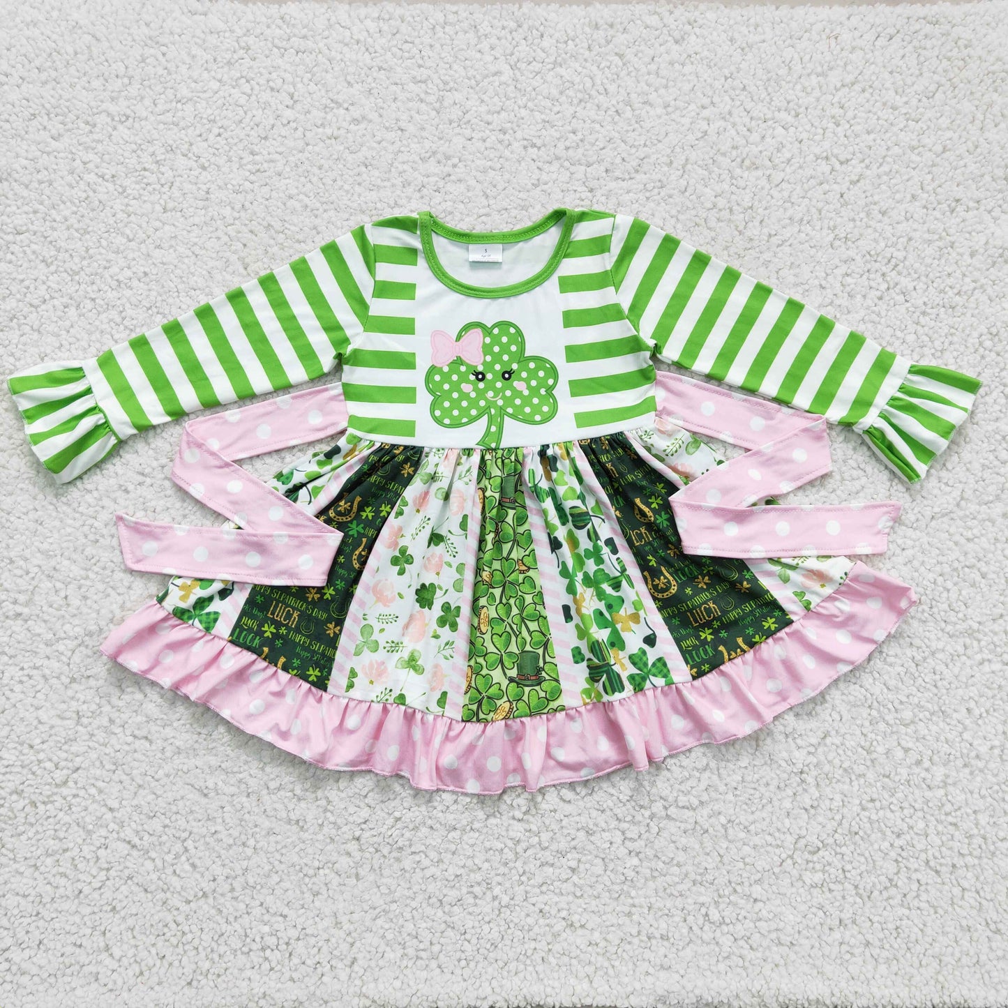 6 A23-11 Green St. Patrick Clover Twirl Patchwork Belt Girls Long Sleeve Dresses