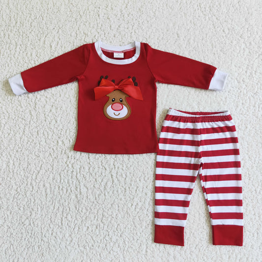 6 B4-24 Christmas Red Deer Embroidery Bow Girls Long Sleeve Pajamas