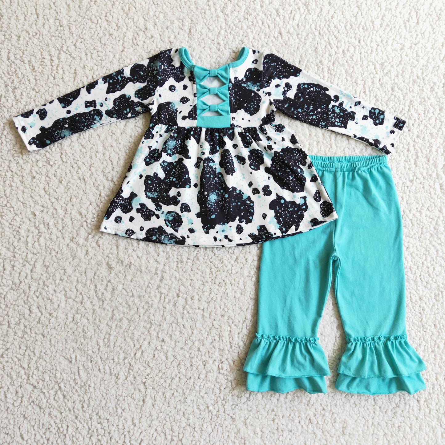 GLP0305 Black White Cow Print Blue Ruffles Girls Long Sleeve Pants Outfits