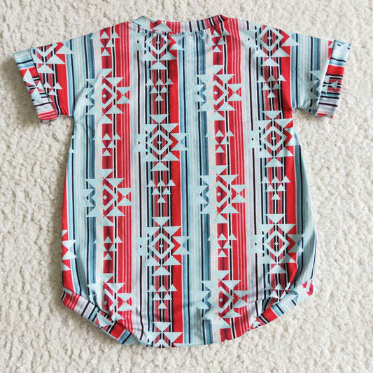 SR0096 Cow Head Western Blue Stripes Girls Short Sleeve Romper