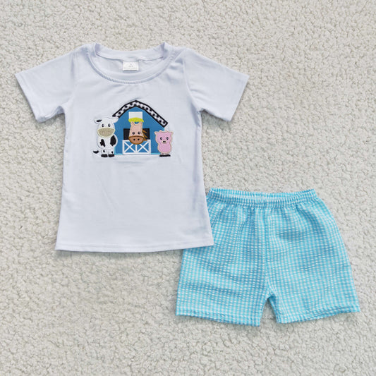 B18-12 Cow  Farm Blue Embroidery Boys Short Sleeve Shorts Outfits