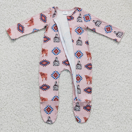 LR0224 Pink Highland Cow head Western Zipper Girls Long Sleeve Romper