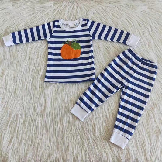 Fall Cotton Blue Striped Print Pumpkin Boys Pajamas