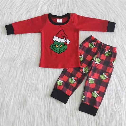 6 B9-38 Christmas Red Green Cartoon Embroidery Boys Long Sleeve Pants Pajamas