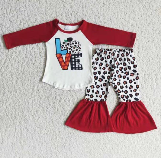 promotion RTS 6 A4-29 Halloween Love Pumpkin Red Leopard Girls Long Sleeve Bell Bottom Pants Outfits